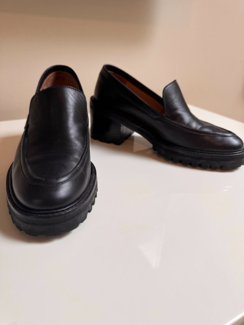 Flattered Saga Black Leather Heeled Loafers